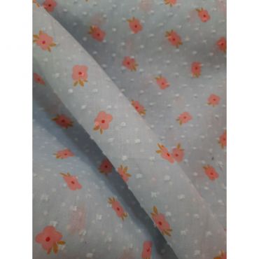 Plumetis bleu fleurie rose 140cm