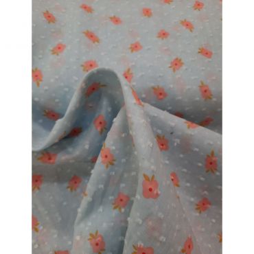 Plumetis bleu fleurie rose 140cm