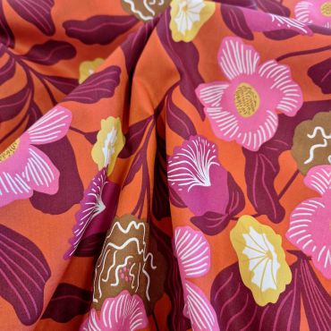 POPELINE 100% COTON  FLEURI ROUILLE /PARME 150CM  Hansen