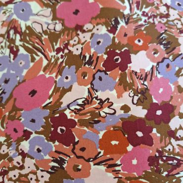 POPELINE 100% COTON FLEURI ROSE/PARME/CAMEL150CM