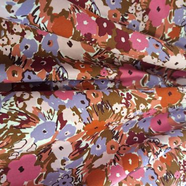 POPELINE 100% COTON FLEURI ROSE/PARME/CAMEL150CM